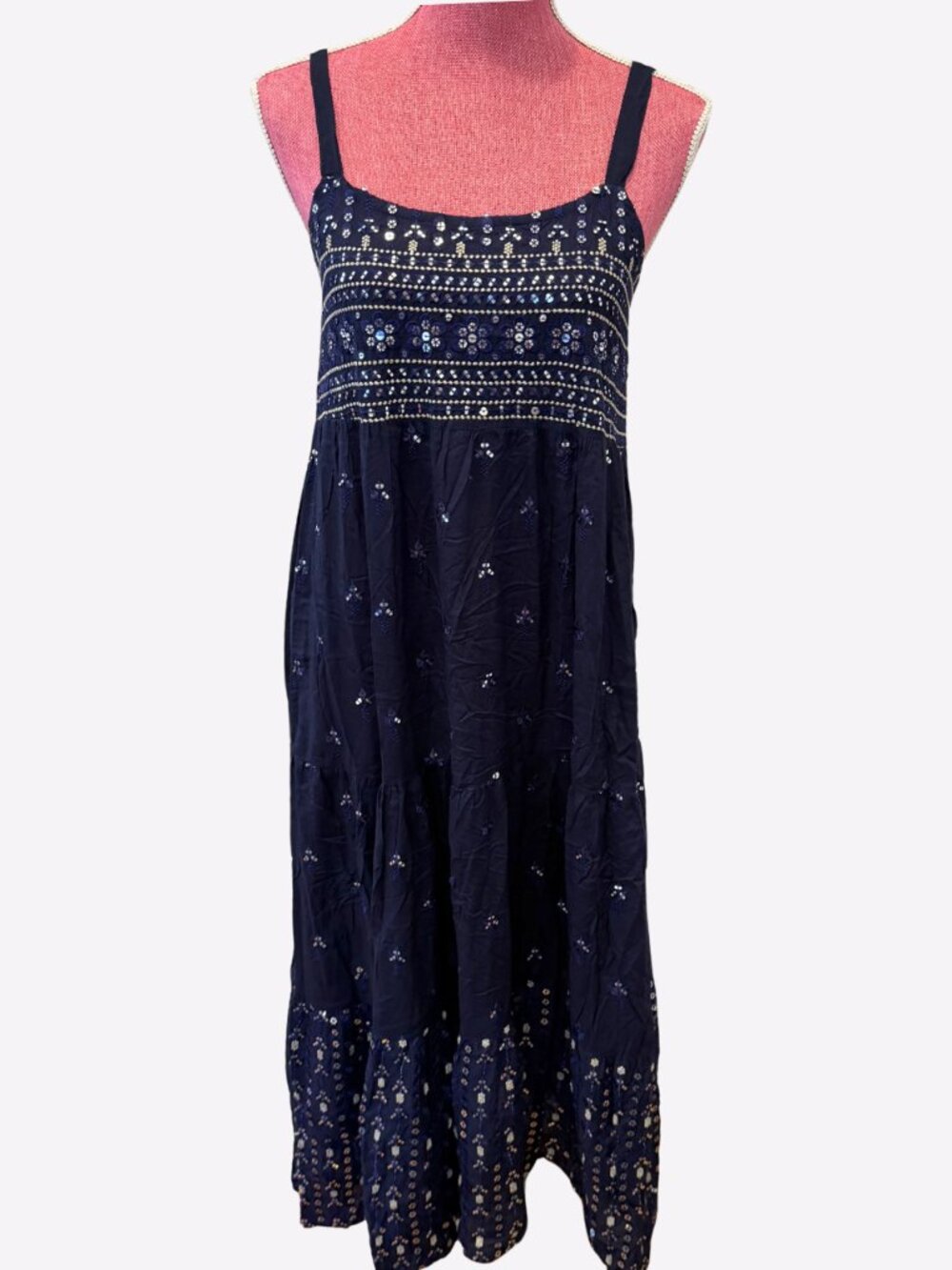 Sequin Navy Blue Sundress Maxi Dress Rubyyaya Womens Sz XS Embellished Summer